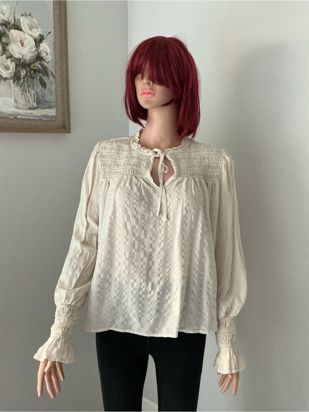 a.n.a Cream Peasant Blouse with Smocked Yoke
